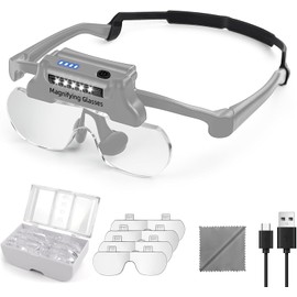 Magnifying Glass with Lights, Hands Free Magnifying Glasses with 5 LEDs, 1.5X to 5X Detachable Lenses Magnifier Glasse for Close Work Jeweler's Loupe, Sewing, Craft