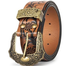 YCMI Vintage-Western-Cowboy-Belts for Men Women PU Leather Belt - Flower Buckle Engraved Decoration Rodeo-Cowgirl-Belt Adjustable