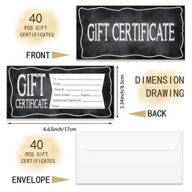 Doodlream 40 Sets Gift Certificate for Business, Blank Gift Cards Certificates with Envelopes, 17 x 8.5 cm Black Blackboard Cards Vouchers for Holiday, Birthday, Restaurant, Spa Makeup Salon