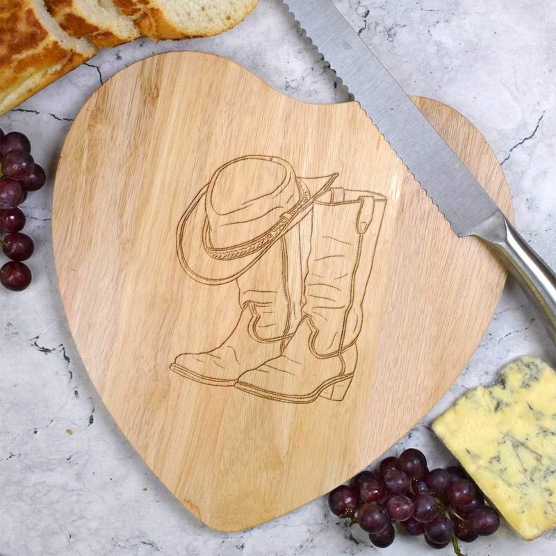 'Cowboy Boots & Hat' Wooden Heart Shaped Chopping/Cutting Board (WB00066930)