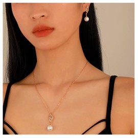 Pearl Necklace Earrings Set Crystal Faux Pearl Pendant Necklace Chain Rhinestone Water Drop Dangle Jewelry for Women Girls (Gold)