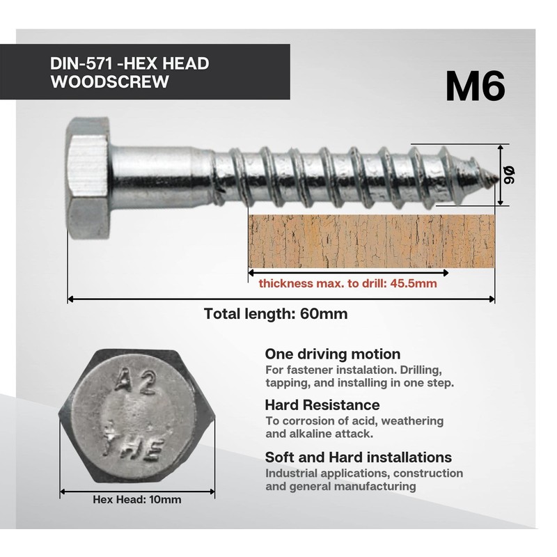 DOJA Barcelona Hexagon Wood Screws Assorted Screws Pack 50-6 x