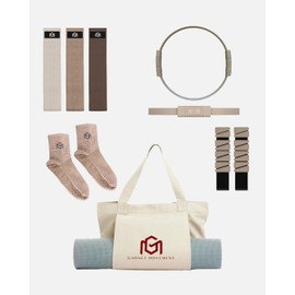 GARNET MOVEMENT - Home Pilates Essentials Kit 9 pcs. Pilates Ring Fitness Trainer, Ankle/Wrist Weights, Resistance Bands, Tote Bag, Grip Socks. Home or Gym/Studio Use. *MAT NOT Included*
