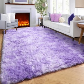 KICMOR 8x10 Purple Area Rugs for Living Room Girls, Machine Washable Large Tie-Dyed Fluffy Furry Kids Room Rug, Ultra Soft Fuzzy Bedroom Floor Carpet, Anti-Skid Lavender Lilac Rugs for Home Decor
