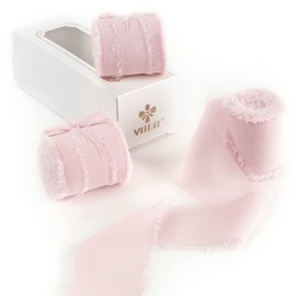 MEEDEE Pink Chiffon Ribbon 2 Inch Frayed Ribbon Fringe Chiffon Ribbon Light Pink Ribbon for Crafts Silk Chiffon Ribbon for Gift Wrapping Wedding Invitation, Bridal Bouquet (3 Rolls 21 Yards)