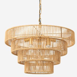 Cuaulans 20”Boho Large Rattan Pendant Light Fixture,4 Round Farmhouse Rustic Chandeliers,6-Lights Hand Woven Rattan Chandelier for Bedroom, Kitchen Island, Living Room, Foyer, Hallway