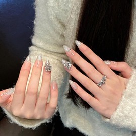 Gold Glitter French Tip Press on Nails Medium Almond Nails Press ons, SXVME 3D Handmade Fake Nails with Diamond Pearl Design, Cute Nude Pink Acrylic Nails Natural Glue on Nails Short False Nails 30Pcs