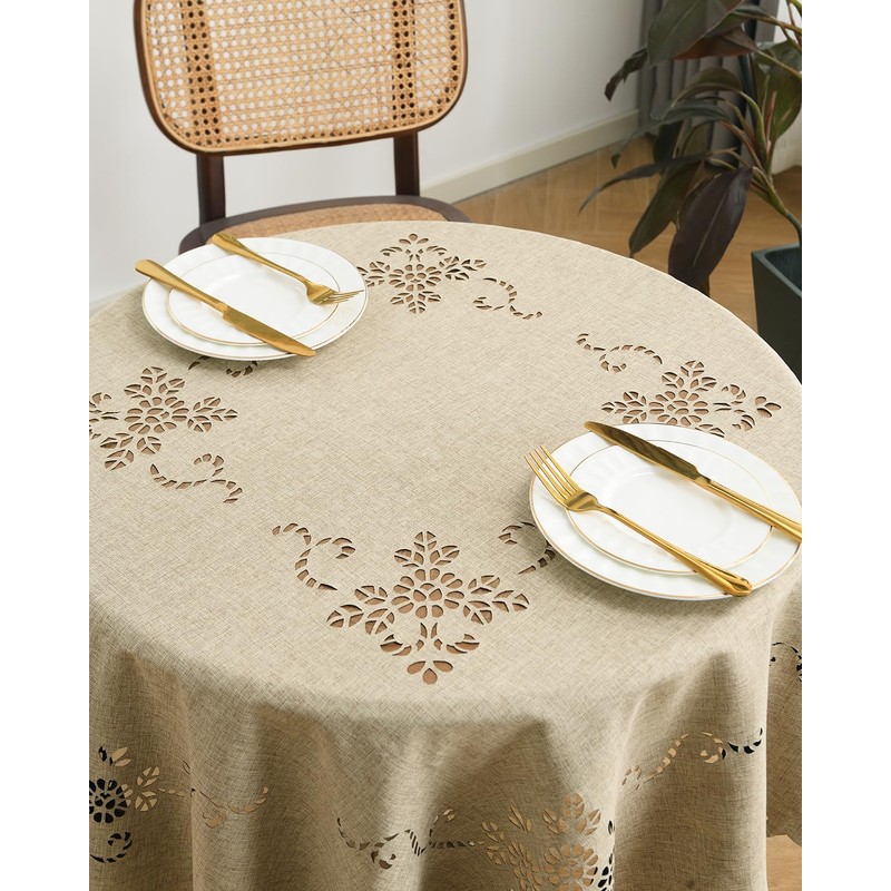 Wracra Macrame Waterproof Table Cloth, Farmhouse Linen Style Round Table