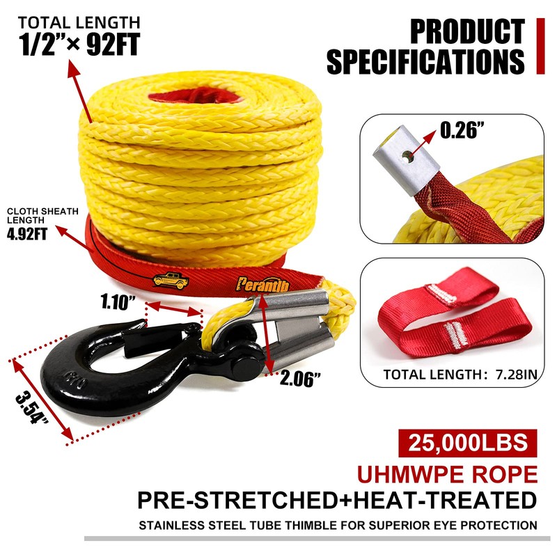 Synthetic Winch Rope 1/2" x 92'-25000 lbs Winch Line with