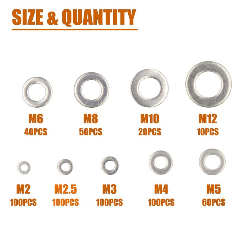 ISPINNER 580pcs Flat Washers, 304 Stainless Steel Washers 9 Sizes
