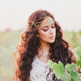 6 Pieces Gold Head Chain Jewelry Bohemian Bridal Headpiece Small Coins Leaf Flower Turquoise Gemstone Tassel Chain Wedding Headbands Boho Princess Hair Accessories for Women Girls