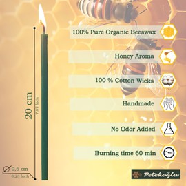 Petekoğlu 40 Pieces Pure Beeswax Candles - No-Drip, Smoke-Less, Tall, Thin Taper Decorative Candles for Church Prayer, Decor or Birthday Candles – Honey Scented Candles – 7.9”x0.26” (Green)