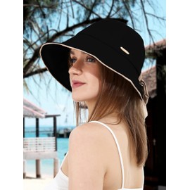 Women Sun Bucket Hat Ponytail Hole with Bow Tie Waterproof Ultra Wide Brim Beach Hat UV Protection UPF 50+(One Size,Black)