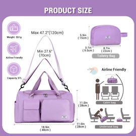 FIORETTO Womens Mens Sports Gym Bag Duffle Bag with Shoes Compartment, Weekend Travel Bag Overnight Bag for Women, Foldable Water Resistant Holdall Hospital Bag for Swimming with Toiletry Bag Purple