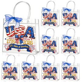 Zenoble 24 Pcs Patriotic Goodie Bags 4th of July Gift Bags 250 Years Double-Sided Clear Pvc Goodie Snack Candy Treat Bag with Bow Ribbon for Independence Day Memorial Day Party Favors
