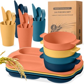 Honoson 24 Pcs Wheat Straw Dinnerware Cutlery Set Including Kids Toddlers Divided Plates Microwave Dishwasher Safe Bowl Unbreakable Tableware Straw Cutlery Spoon Knife Fork Cup (Bright Color)