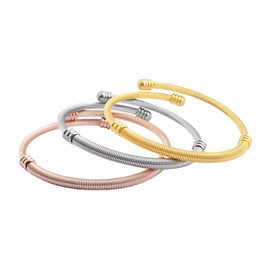 EDFORCE 3 Tone Stainless Steel Hypoallergenic Stacked Twisted Cable Wire Bangle Adjustable Cuff Bracelet Set, Set of 3, 6"-7.5" (Wire)