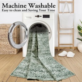 Lahome Oriental Green Hallway Runner Rug-2.5X8 Washable Runner Rug Non Slip Soft Kitchen Runner, Traditional Ultra-Thin Carpet Runners Non Shedding Bathroom Runner for Laundry(2.5x8ft,Sage Green)