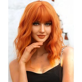 Monaluxe 12 Inch Short Wavy Wig with Bangs Short Orange Bob Wigs for Women Wavy Bob Wig with Bangs Synthetic Natural Looking Heat Resistant Wigs