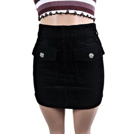 Corduroy Button Skirt plain classic High Waisted Womenswear Bottom - Size: S, Color: Black