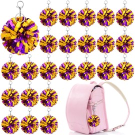 24 Pcs Cheer Pom Pom Keychain Cheering Keyring Charm Purple and Gold Foil Keychain Bulk Plastic Pom Poms for Cheerleading Keyring with Hook for Girl Women Cheer Bag Jewelry Accessory Cheer Camp Gifts