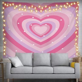 Klainlcly Cute Pink Heart Tapestry 60" X 40" Pink Aesthetic Wall Hanging Party Decorations Home Decor For Bedroom Living Room Dorm (150 X 100cm)