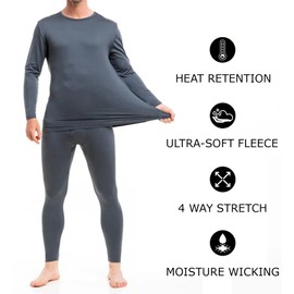 Therma Pro Mens Fleece Lined Thermal Top & Bottom Underwear Set, Long Johns Base Layer Ultra-Soft Charcoal