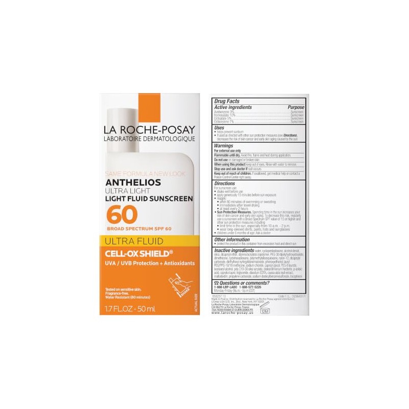 La Roche-Posay - Anthelios 60 bloqueador solar ultraligero, líquido facial,
