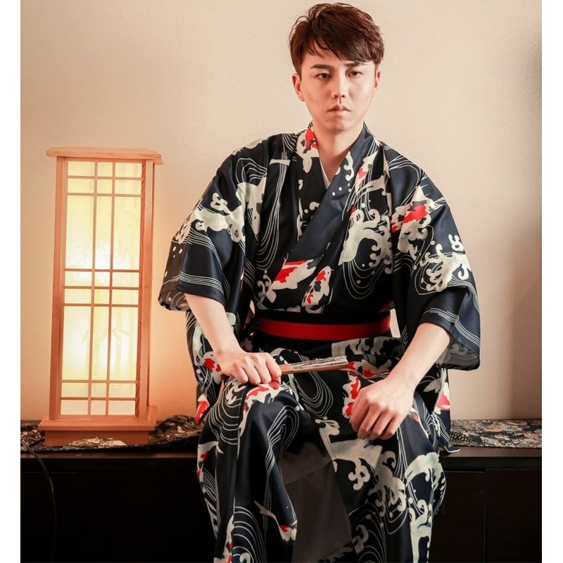 Lady Lazy Men's Yukata, Kimono, Kimono, Obi Set, Carp, Navy,