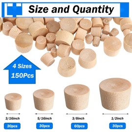 smseace 150Pcs 4-Sizes Wood Plugs 3/16" 5/16"，3/8"，1/2" Wooden Hole Plugs for Holes in Furniture/Table and Chair Legs/Cabinet Reserved Holes/Outdoor Equipment Wood Plugs Assortment Kit