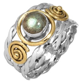 Natural Labradorite Gemstone Ring Solid 925 Sterling Silver Two Tone Woman Jewellery Size 52 (16.6) (34773_R6), Labradorite