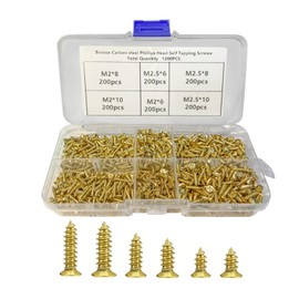 SyiXute Pack of 1200 Small Self-Tapping Screws, M2/M2.5 Small Screws, 6 mm/8 mm/10 mm Flat Head Cross Head Tapping Screws Set for Electronic Accessories, Hinge Fittings (Gold)