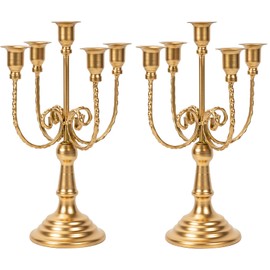 2Pcs Gold Candelabras Centerpieces for Tables, 11.8" Candlestick Holder for Taper Candles, 5 Arm Brass Candelabra Candle Holder for Wedding Centerpiece Decor Party Event Reception Decoration