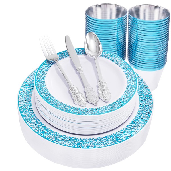 WELLIFE 180PCS Blue Plastic Plates with Silverware, Blue Plastic Dinnerware Set Includes: 30 Dinner Plates, 30 Dessert Plates,30 Blue Cups and 30 Cutlery Sets for Party