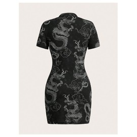 SOLY HUX Women's Chinese Cheongsam Short Sleeve Dragon Print Dress Mini Bodycon Evening Dresses Black Printed Small