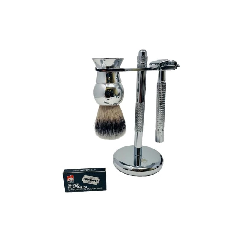 3 Piece Shave Set -- Safety Razor+ Chrome Pure Badger