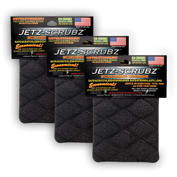 Jetz-Scrubz Scrubber Sponge, Rectangular, Set of 3, Made in the USA