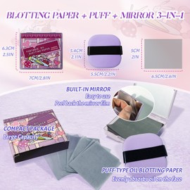 BOROLA 3-in-1 Bamboo Charcoal Oil Blotting Paper Set for Face 100 Sheets Oil Absorbing Sheet with Portable Mirror & Adhesive Makeup Puff, Blotting Paper for Oily Skin, Design for Men & Women(Purple)