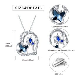Flpruy Butterfly Necklace 925 Sterling Silver Heart Butterfly Mother Daughter Pendant Crystal Butterfly Jewelry Gift Always My Mother Forever My Friend Mother Day Gift for Women Mother Mom