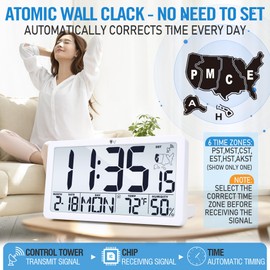 TXL Atomic Wall Clock with Backlight, Battery Operated Digital Wall Clock with Temperature, Humidity and Date, Large Display, Auto DST, 6 Time Zone(White)
