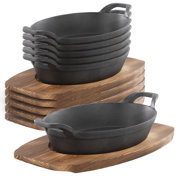 Megachef Cast Iron Mini Oval Pan/Saute Pan with Wood Tray,