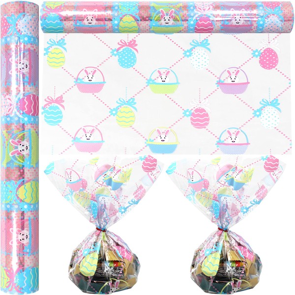 AnapoliZ Easter Cellophane Wrap Roll | 100’ Ft. Long X 16” In. Wide 2.3 Mil Thick , Crystal Clear , Design Cello Wrapping Paper for Treats , Baskets , Gifts Bunnies & Eggs