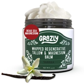 Grazly Whipped Beef Tallow for Skin w/Dead Sea Magnesium, Manuka Honey, Jojoba Oil & Vanilla - Grass Fed Beef Tallow Balm - Body & Face Moisturizer for Dry, Sensitive Skin - 2.5oz
