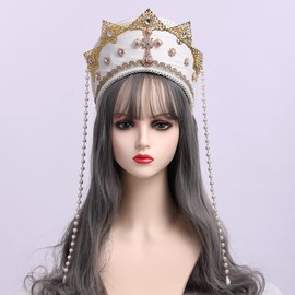 Renaissance Medieval Tudor Queen Headpiece for Women Anne Boleyn Headband Elizabethan Royal Coronet Hood Tiara Hat (White)