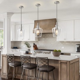 Vaziden Modern Glass Pendant Lighting for Kitchen Island, Farmhouse Nickel Pendant Light Fixtures 1 Pack, Adjustable Hanging Ceiling Light Angled Clear Glass Shades 8 Inch