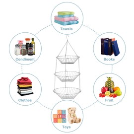 JUNCHU CHERRY 3-Tier Wire Fruit Hanging Basket, non-Punching Wall Hanging Storage, Kitchen Bathroom Organization Basket, Suitable for Bathroom, Kitchen, Closet, Garden, Chrome