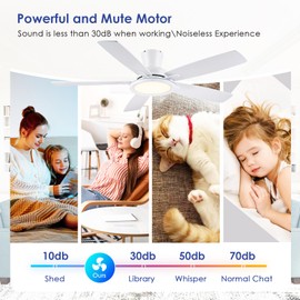 BYKISTOK Flush Mount RGB Ceiling Fan with RGB Light - 52In White Ceiling Fan Light with Reversible Mute Motor, 3CCT LED Dimmable, Low Profile Modern Ceiling Fans for Indoor, Party, Living Room