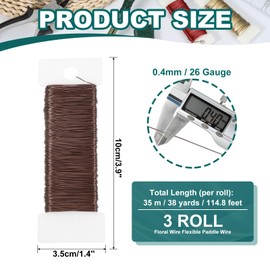 PATIKIL 26 Gauge Floral Flexible Paddle Wire, 115 Yard (345 Feet) Florist Wreath Wire for Crafts Flower Arrangement, Coffee 3 Rolls