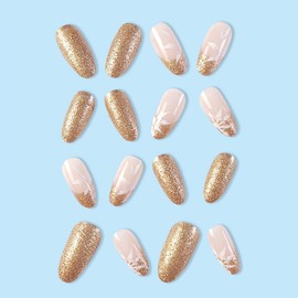 Snowflake Press on Nails Christmas Medium Gold French Almond Fake Nails, White Snow Gold Glitter Acrylic Nails, Shiny False Nails Kits Super Fit Nail Tip Winter Stick Glue on Nails 24 Pcs