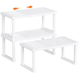 Lifewit Cabinet Shelf Organizer, Expandable Countertop Kitchen Shelves, Plastic Shelf Riser for Pantry Kitchen Storage and Spice Rack, Set of 3, White